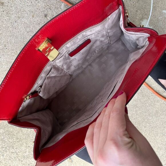 Michael Kors Red Patent Satchel Gold HW, Flip-Lock, MK Charm, 13" - Picture 7 of 10